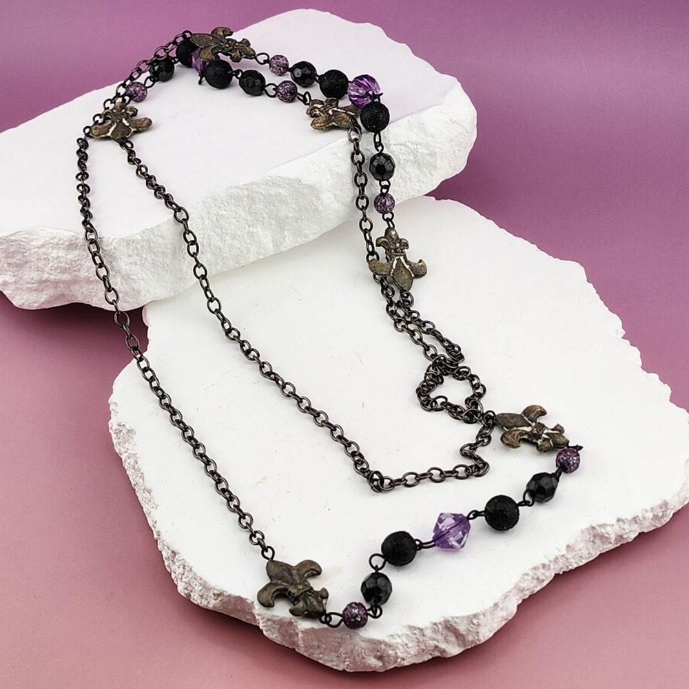 Black Purple Beaded Fleur de Lis Layered Necklace Gunmetal Gothic Statement 40in